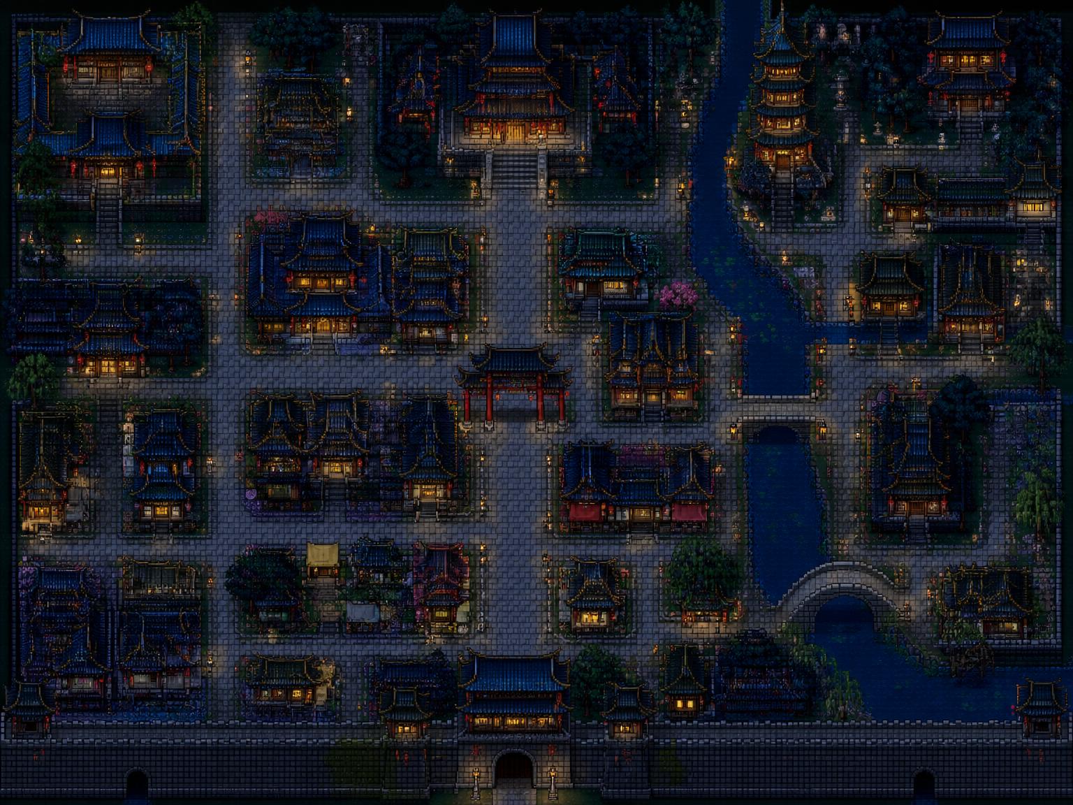Pixel-art view of Chang'an town at night